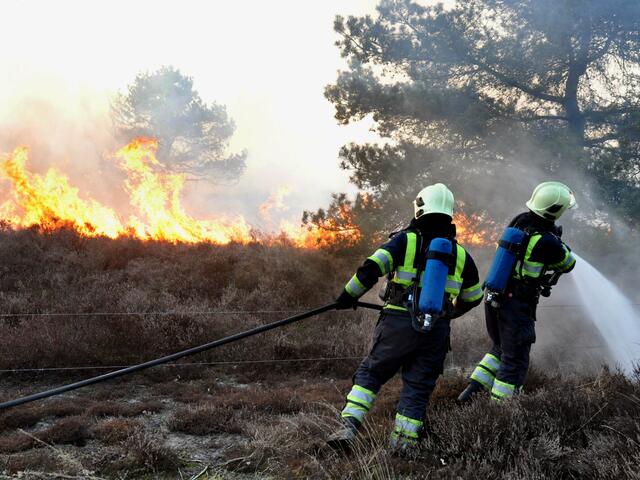 Twee brandweermannen bestrijden een natuurbrand met water